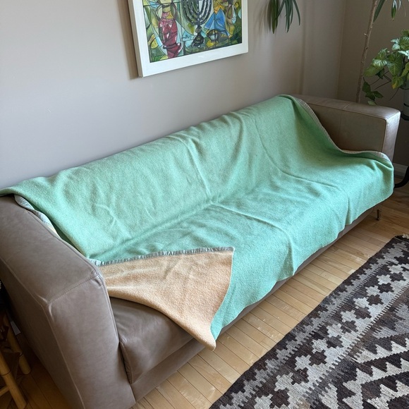 Vintage Horn Bros Woollens Lindsay 100% Wool Green Yellow Blanket 66 x 80" - Picture 3 of 9